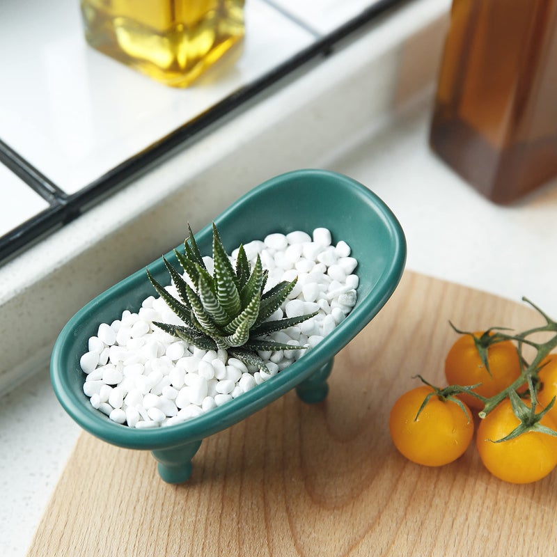 dodococa 1 Piece 5.6"" Colorful Ceramic Mini Clawfoot Bathtub Soap Dish Decortative Soap Dish Small Planter Makeup Organizer Container Hamster Bathtub(Green) - Image 3
